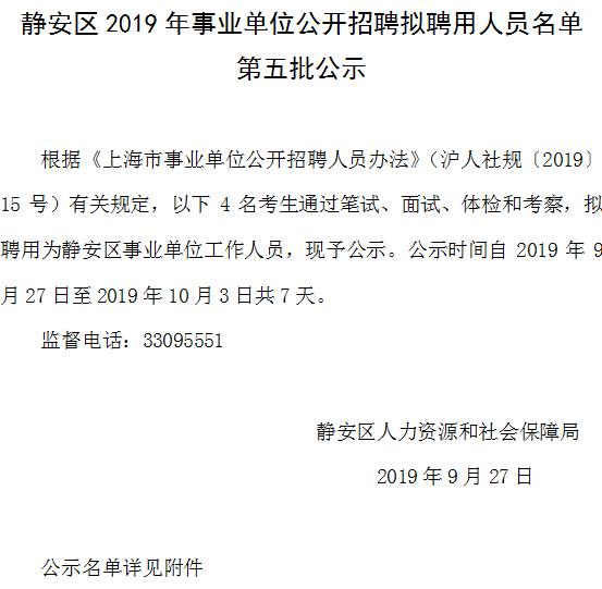 静安区2019年事业单位公开招聘拟聘用人员第五批公示
